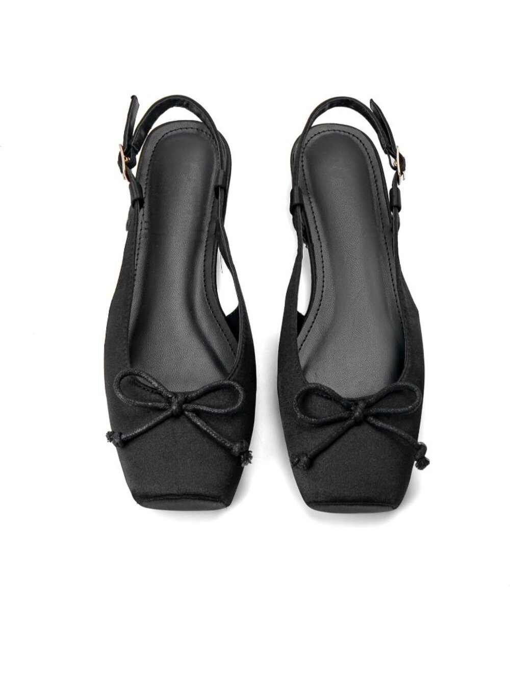 Women's Black Slingback Square Toe Bow Knit Ankle Buckle Satin Ballet Flats